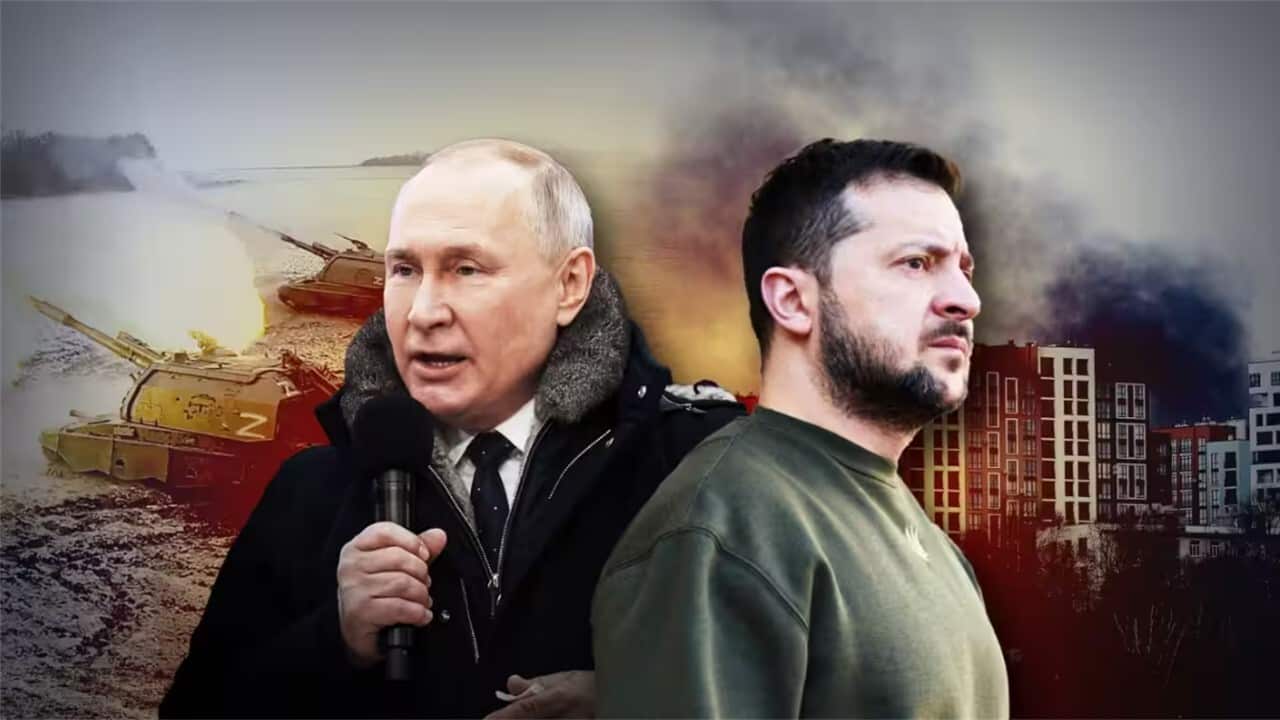 Russian President Vladimir Putin (left) and Ukrainian President Volodymyr Zelenskyy.jpg