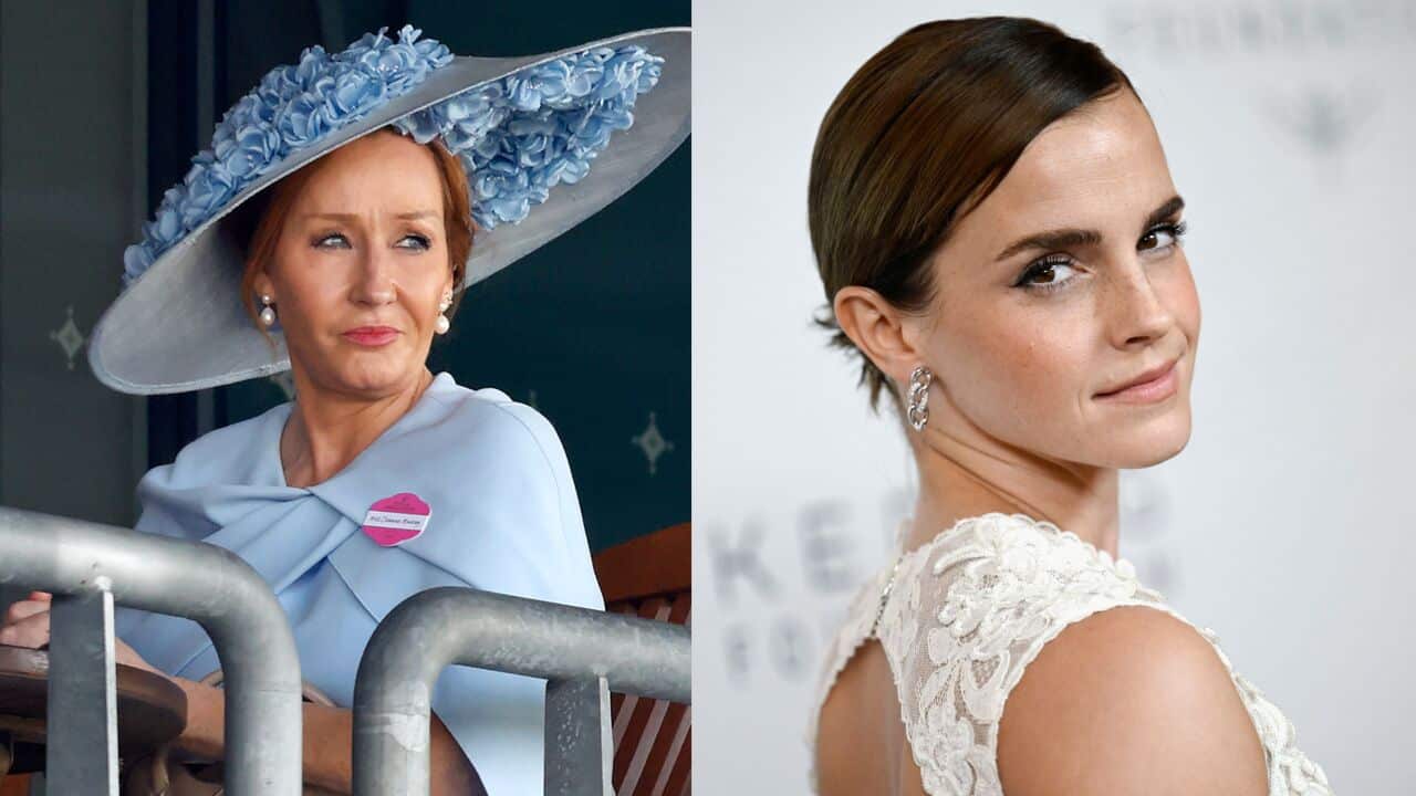 A split image of JK Rowling wearing an elaborate hat and an aqua blue dress, and Emma Watson in a white dress.
