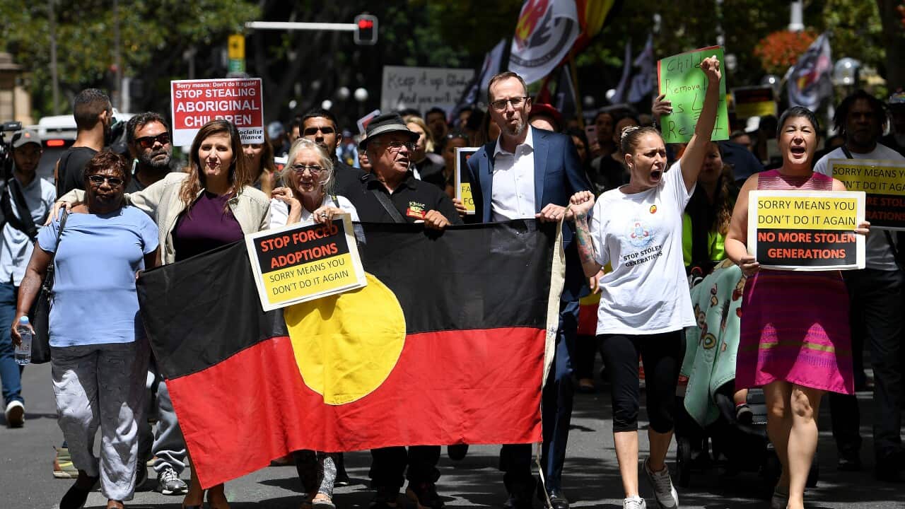 Politicians attend a rally on the 11th anniversary of the National Apology to Stolen Generations in Sydney in 2019.