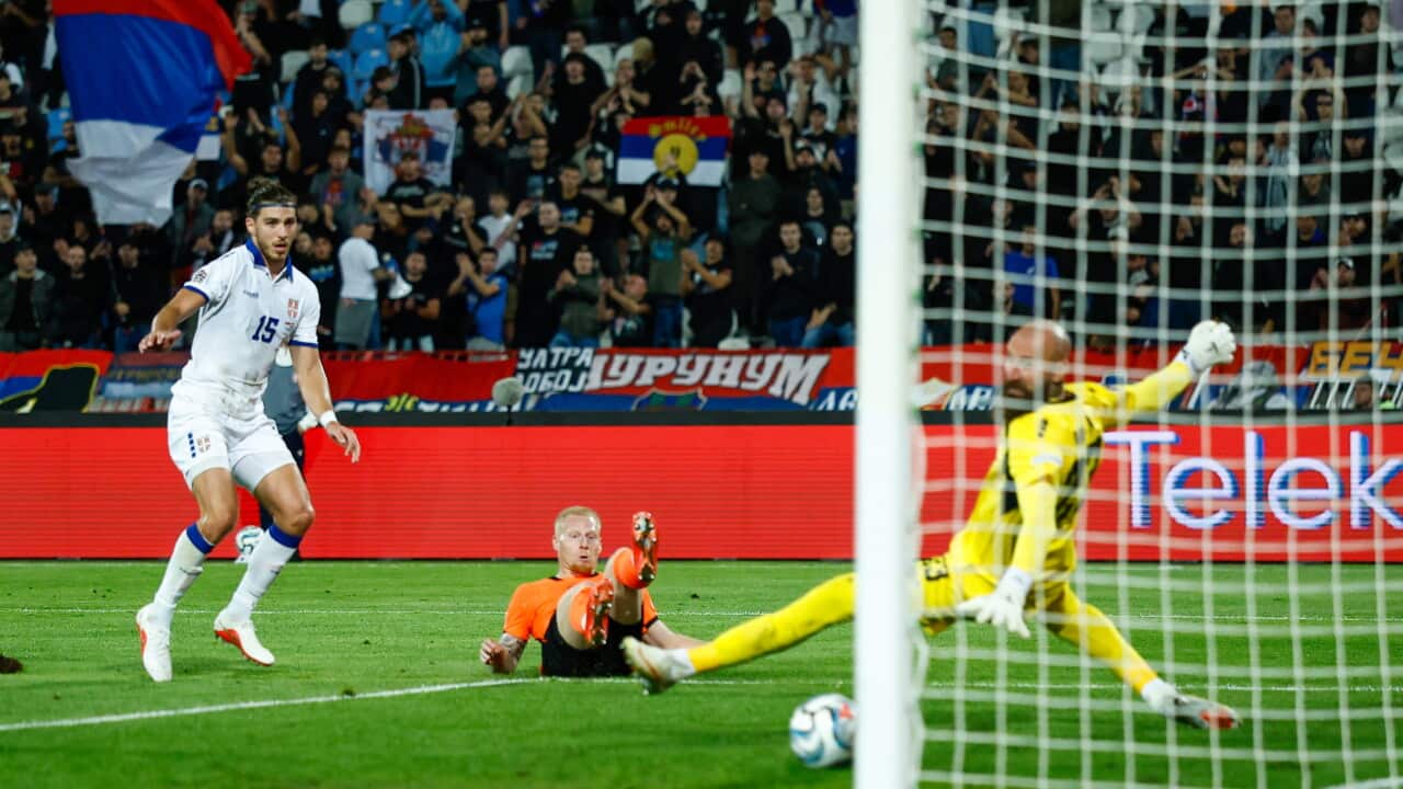Netherlands player Mexx Meerdink (centre) scores against Serbia in Belgrade, UEFA Nations League round 2