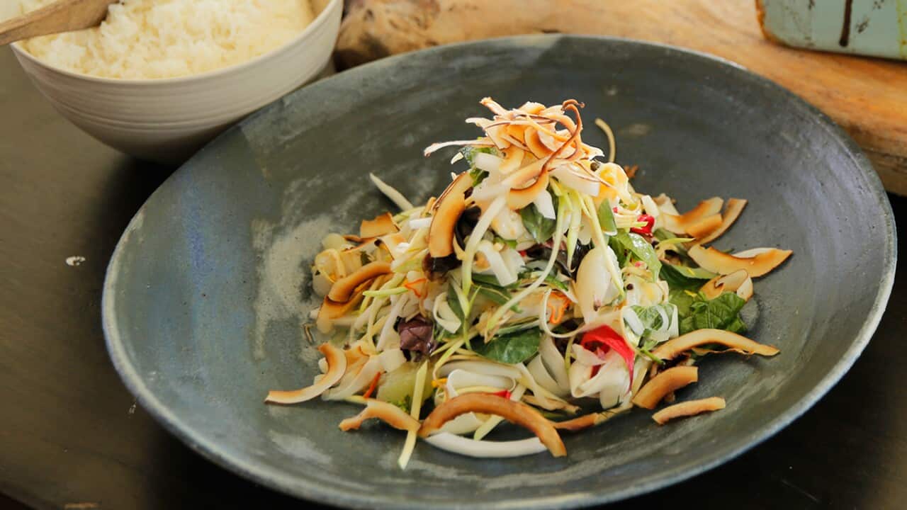 Palm heart, papaya, young coconut and lychee salad