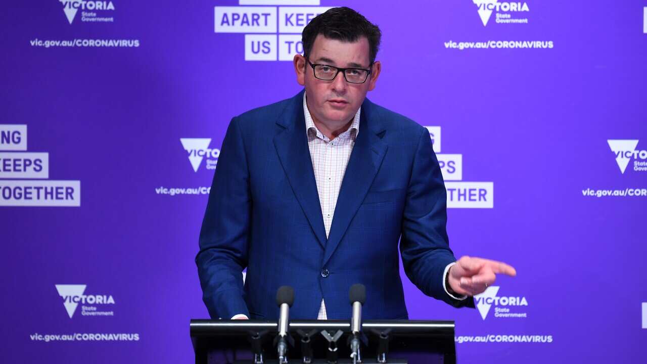 Victorian Premier Daniel Andrews addresses the media during a press conference in Melbourne, Monday, August 10, 2020. Victoria has recorded 322 new cases of coronavirus and 19 deaths. (AAP Image/James Ross) NO ARCHIVING