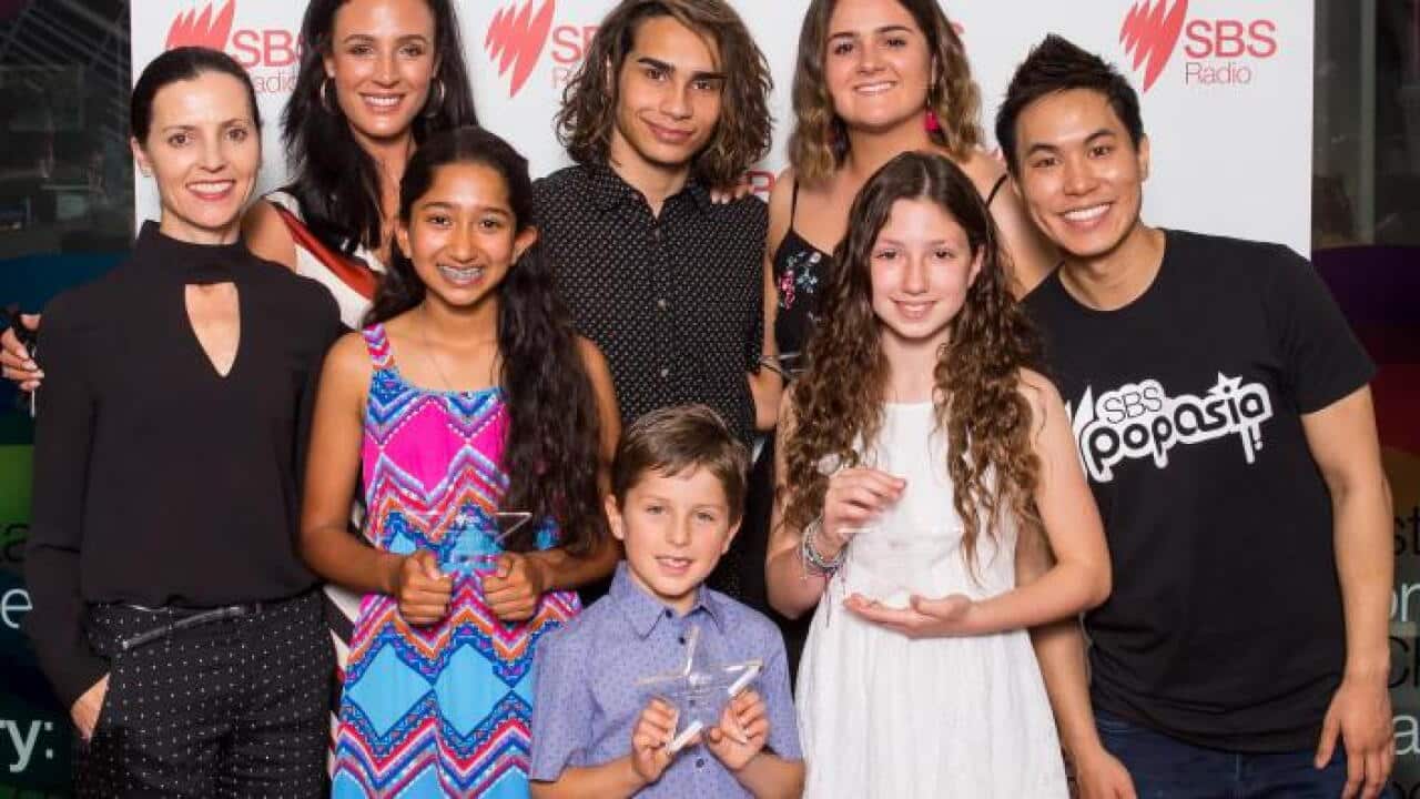 SBS National Language comp winners Anjali D'Cunha, Percy Page, Celina Bugara and Eirini Vergaki & judges Mandi Wicks, Lucy Zelic, Isaiah Firebrace & Andy Trieu