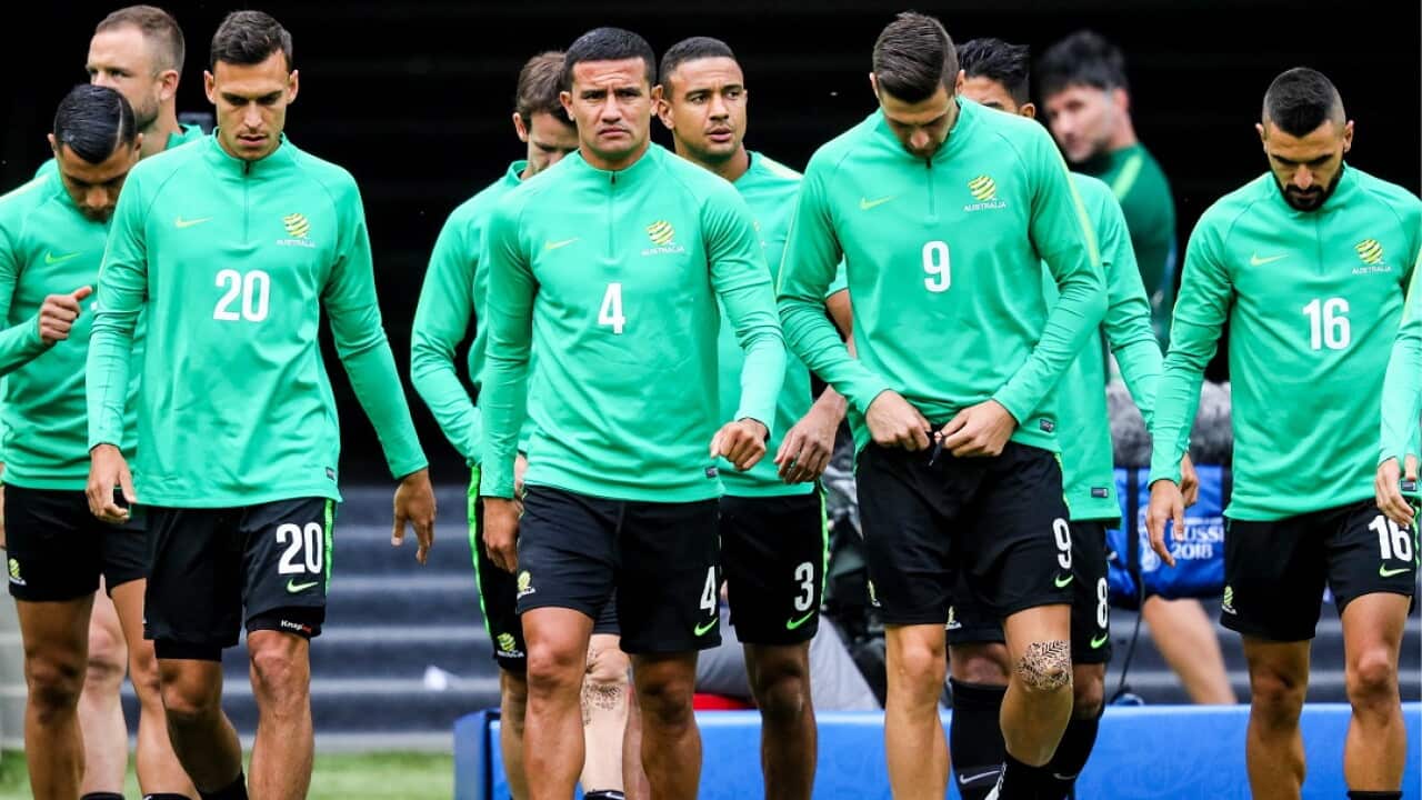 Australian players train at Kazan Arena ahead of their First Stage Group C football match against France.