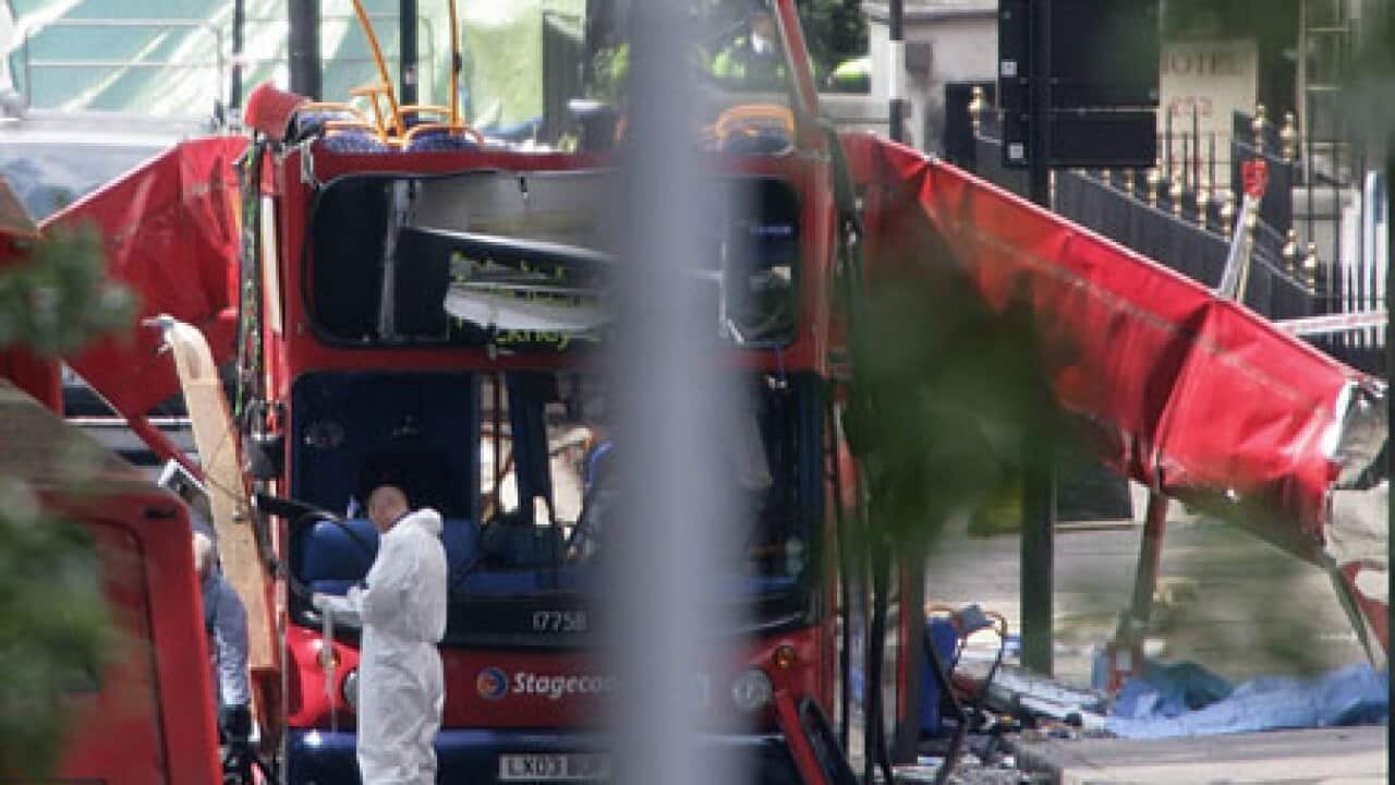 A london double decker bus torn apart by the blasts on July 7 2005