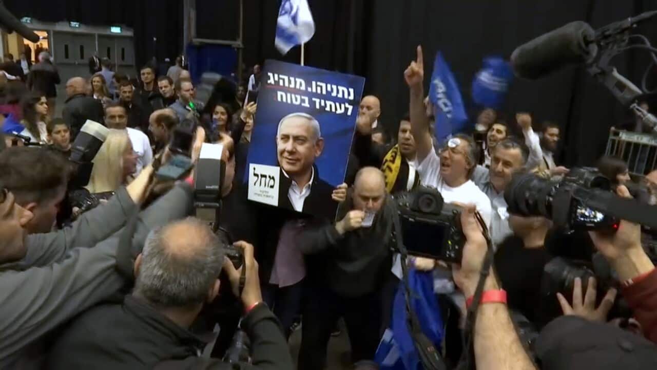 Celebrations from supporters as Benjamin Netanyahu claims victory