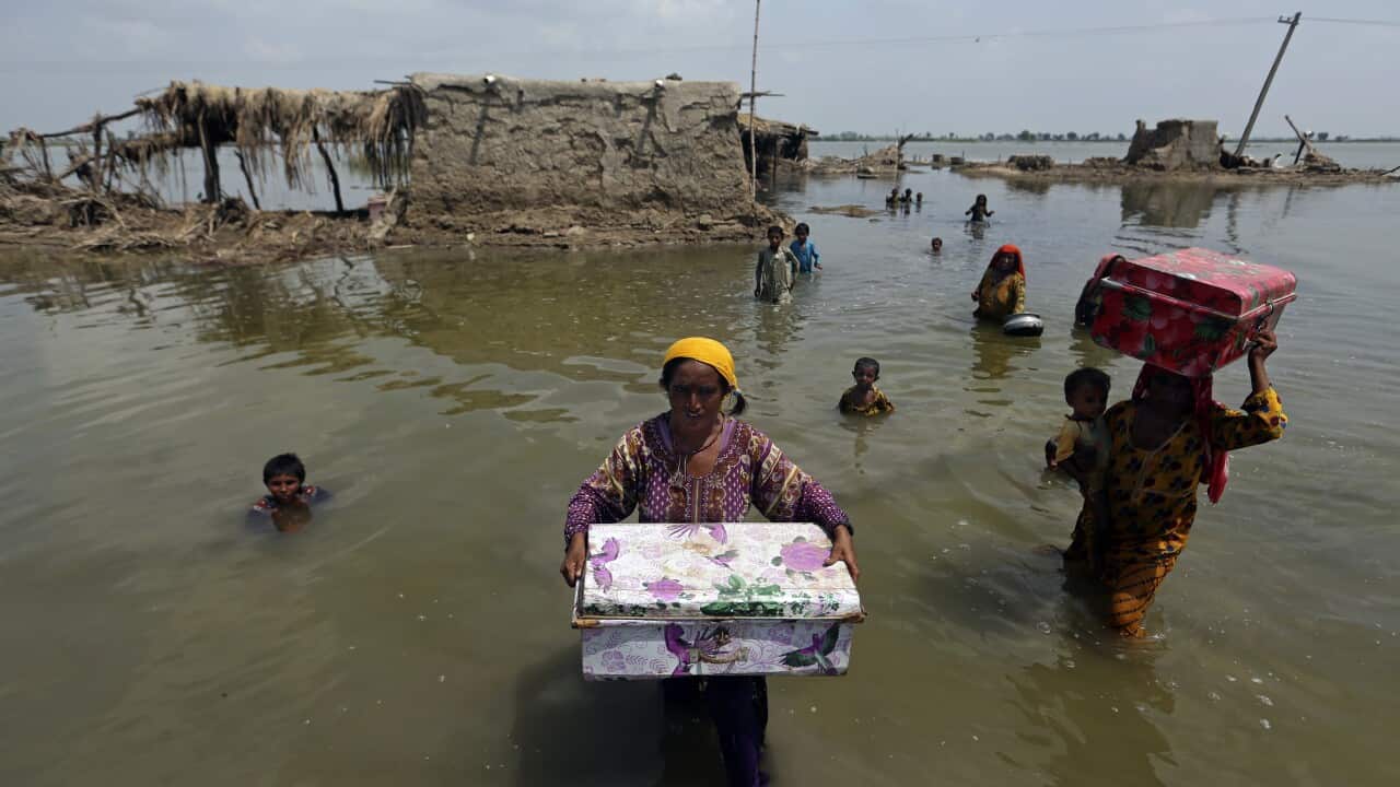Women and children in waist-deep water carry their belongings in suitcases in a flooded landscape in Pakistan, with destroyed buildings in the background.