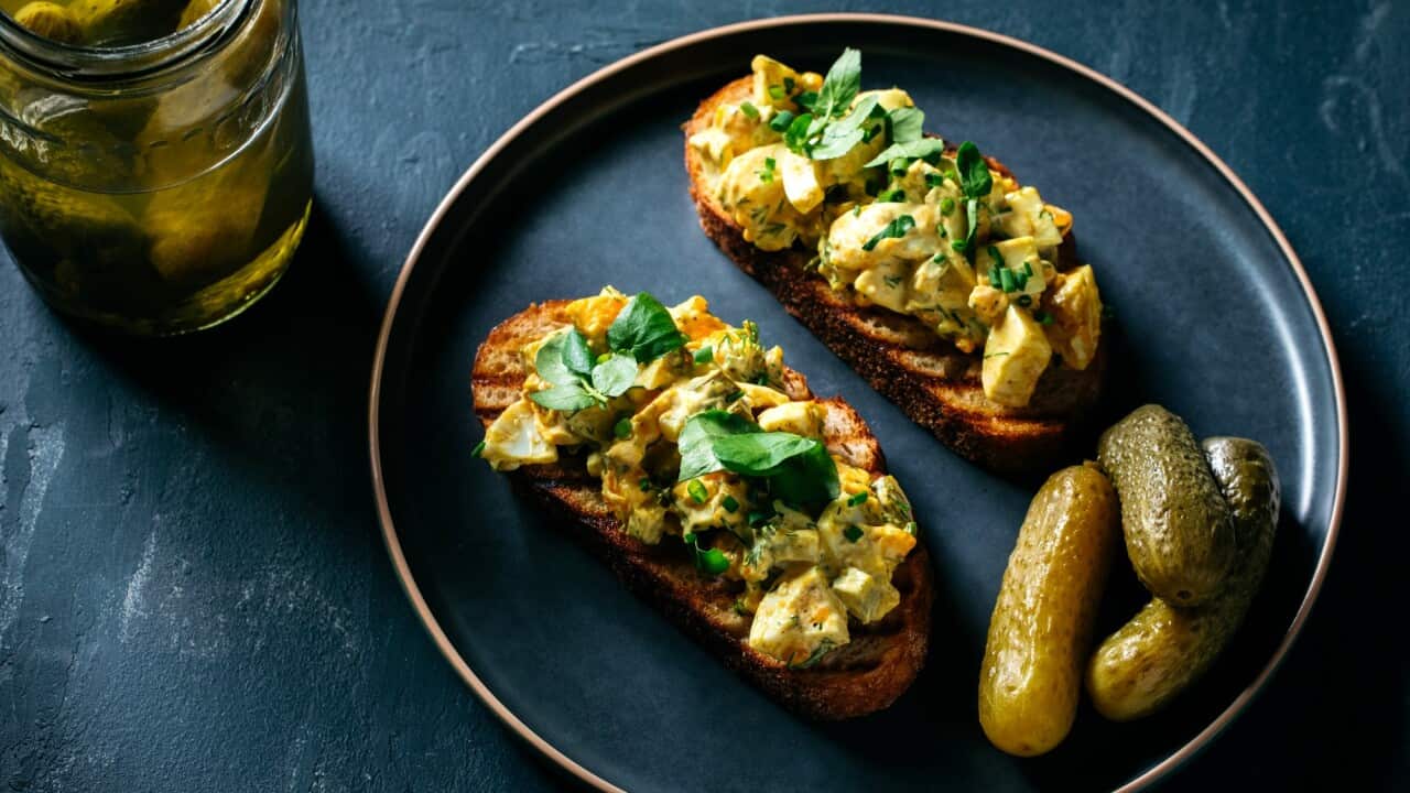Curried egg mayo and pickle sandwich