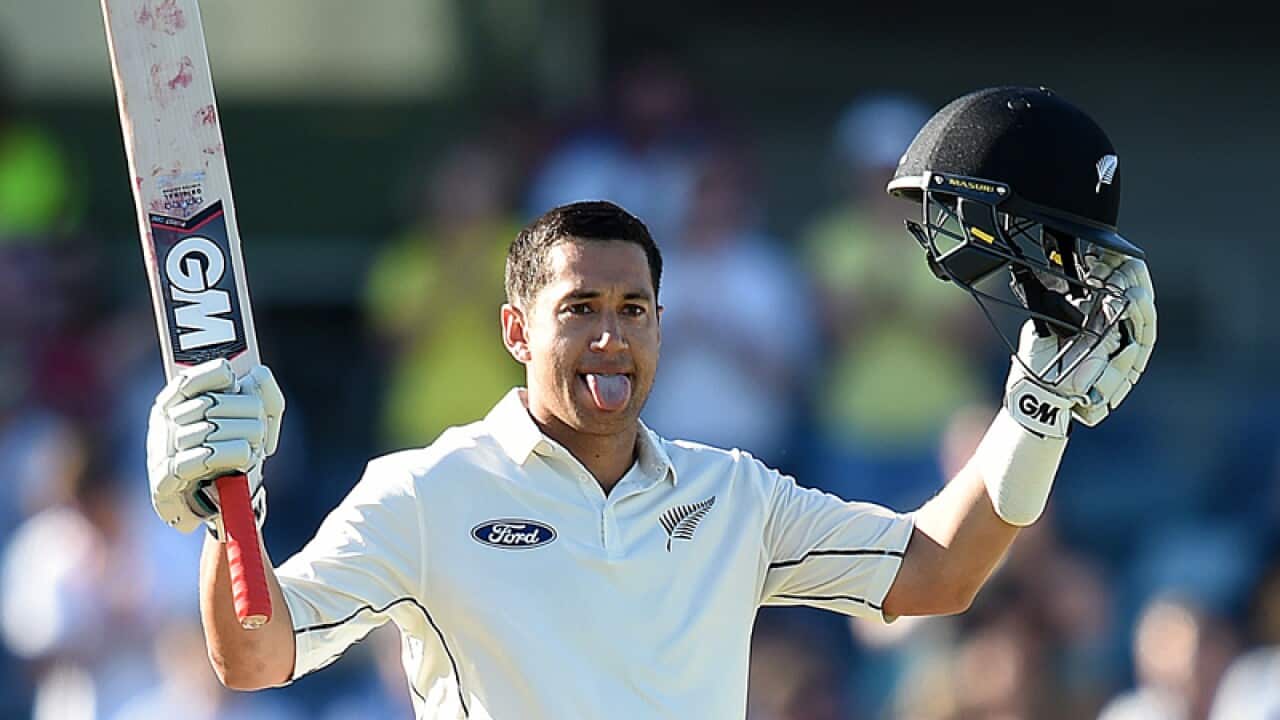 New Zealand batsman Ross Taylor reacts after scoring a double century