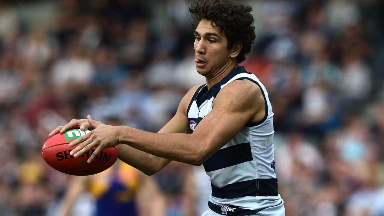 Nakia Cockatoo of the Cats is seen in action during the round 7 AFL match between the Geelong Cats and West Coast Eagles at Simonds Stadium in Geelong, Saturday, May 7, 2016. (AAP Image/Julian Smith) NO ARCHIVING, EDITORIAL USE ONLY