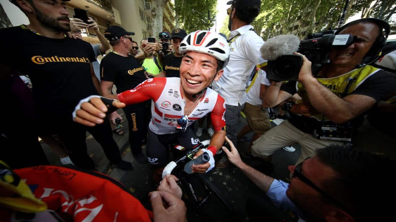 Australian sprinter Caleb Ewan celebrates his first ever Tour de France victory in Toulouse, France (Getty)