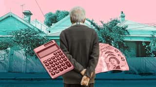 A graphic in shades of pink and blue depicting an elderly man standing in front of a row of houses, flanked by a calculator and a wad of cash.