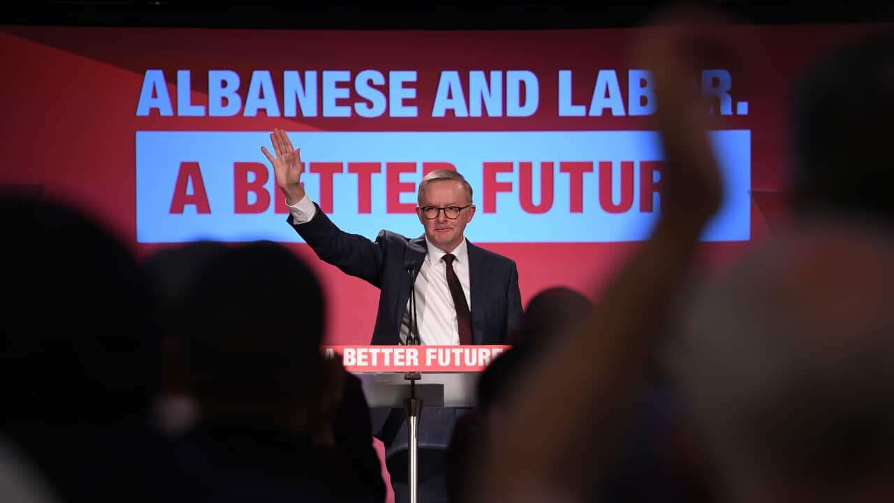 Anthony Albanese delivers a speech to Labor supporters at the Wests Ashfield Leagues Club in Sydney, Sun, Dec 5, 2021 (AAP)