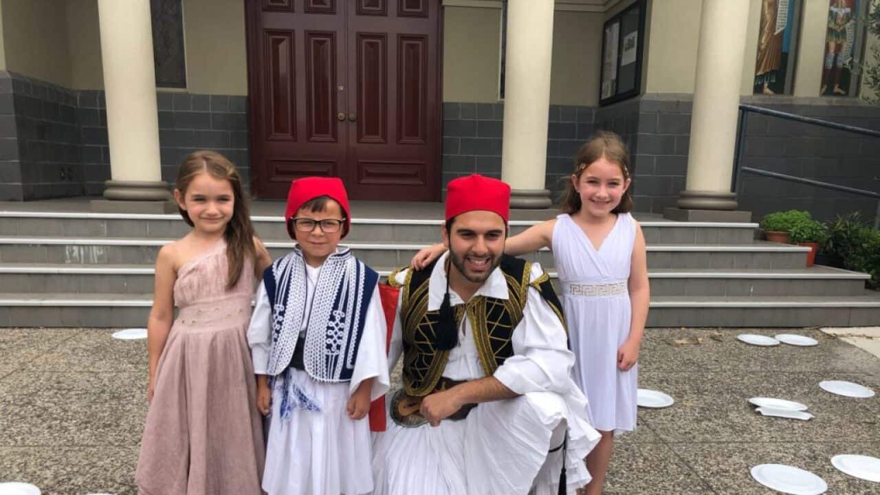 St Nicholas Greek School students with deputy-principal