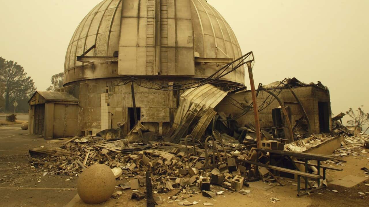 The 74 inch telescope at Mt Stromlo Observatory built in 1922 lays gutted by the fires