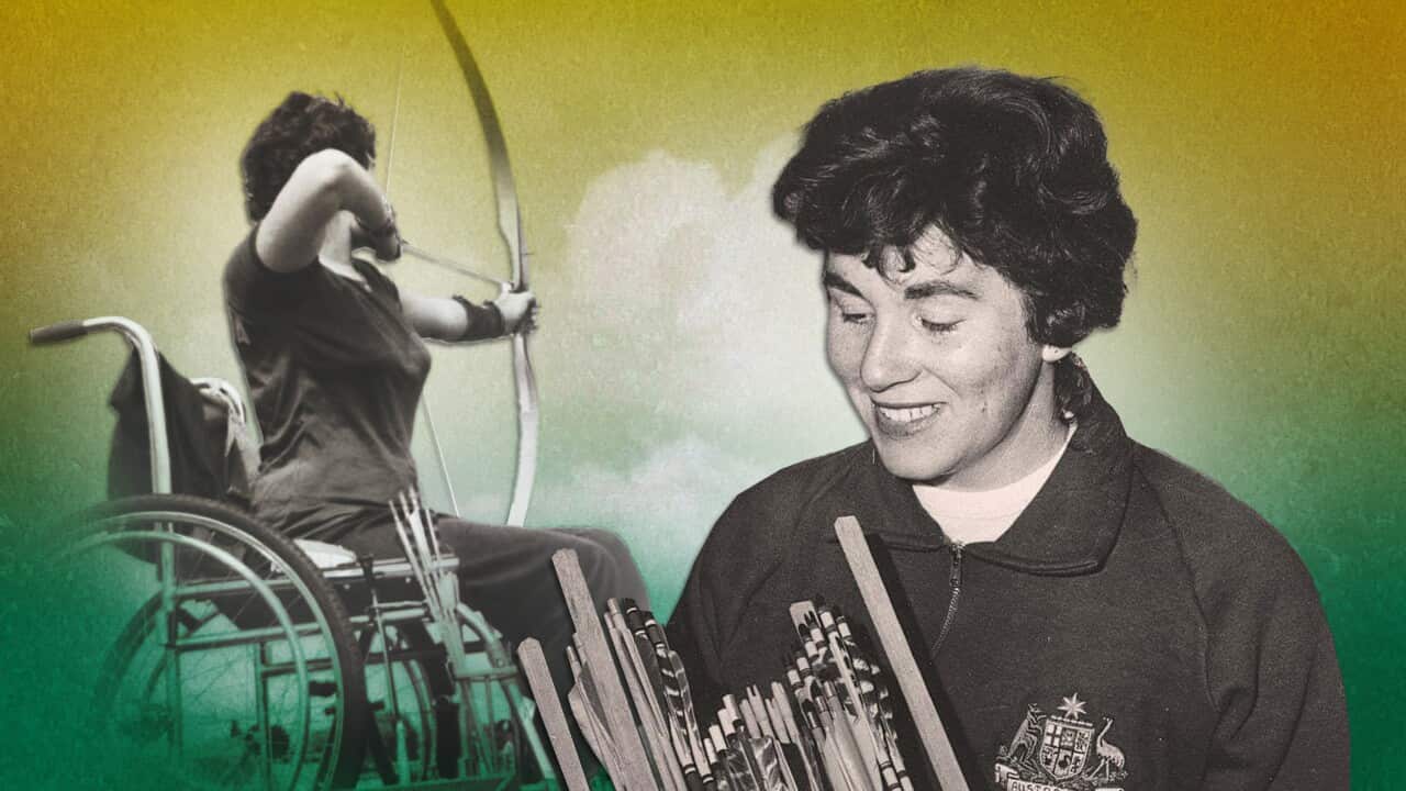Two black-and-white images of a woman -- one of her smiling and one of her shooting a bow and arrow while sitting in a wheelchair -- superimposed on a green and gold background.
