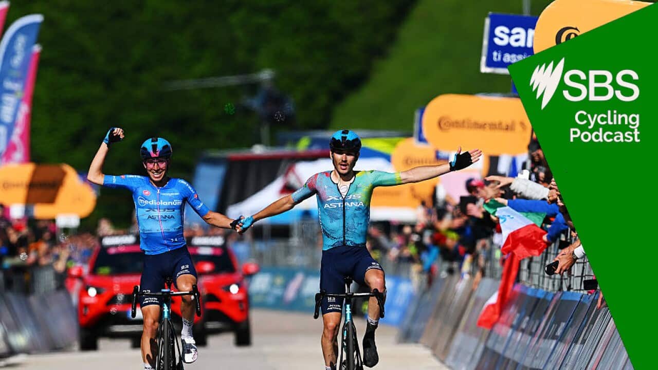 SAN VALENTINO, ITALY - MAY 27: (L-R) Lorenzo Fortunato of Italy - Blue Mountain Jersey as second place and the stage winner Christian Scaroni of Italy and Team XDS Astana crosses the finish line together and celebrate victory during the 108th Giro d'Italia 2025, Stage 16 a 203km stage from Piazzola sul Brenta to San Valentino (Brentonico) 1316m / #UCIWT / on May 27, 2025 in San Valentino, Italy. (Photo by Tim de Waele/Getty Images)