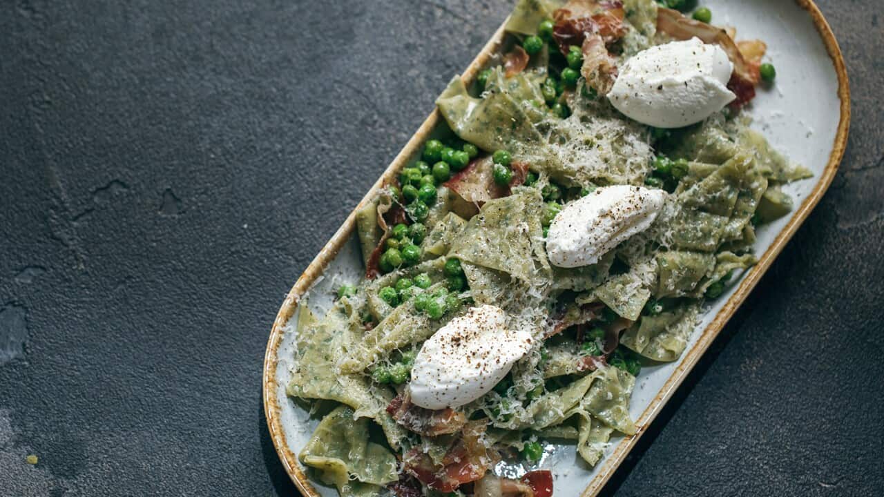 Fresh herb rag pasta with pancetta, peas and goat's curd