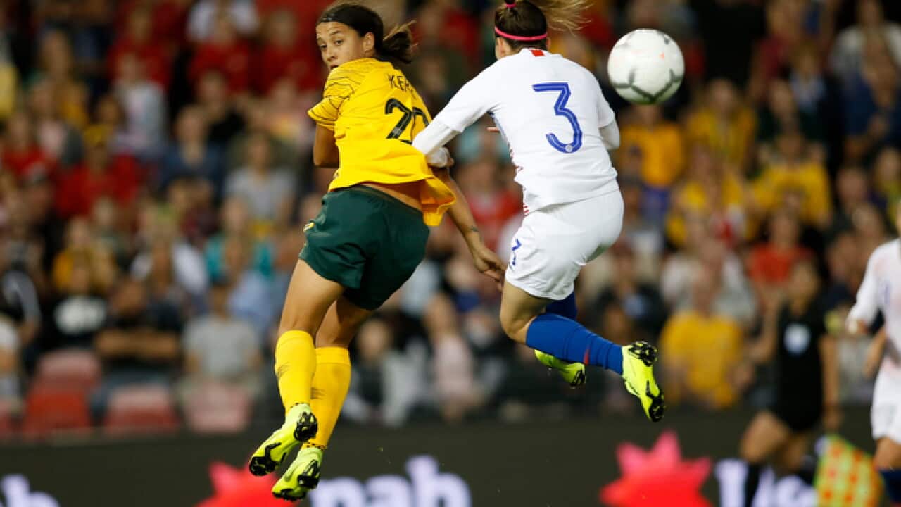 Image: Sam Kerr of the Matildas (left) in action in a friendly against Chile last year