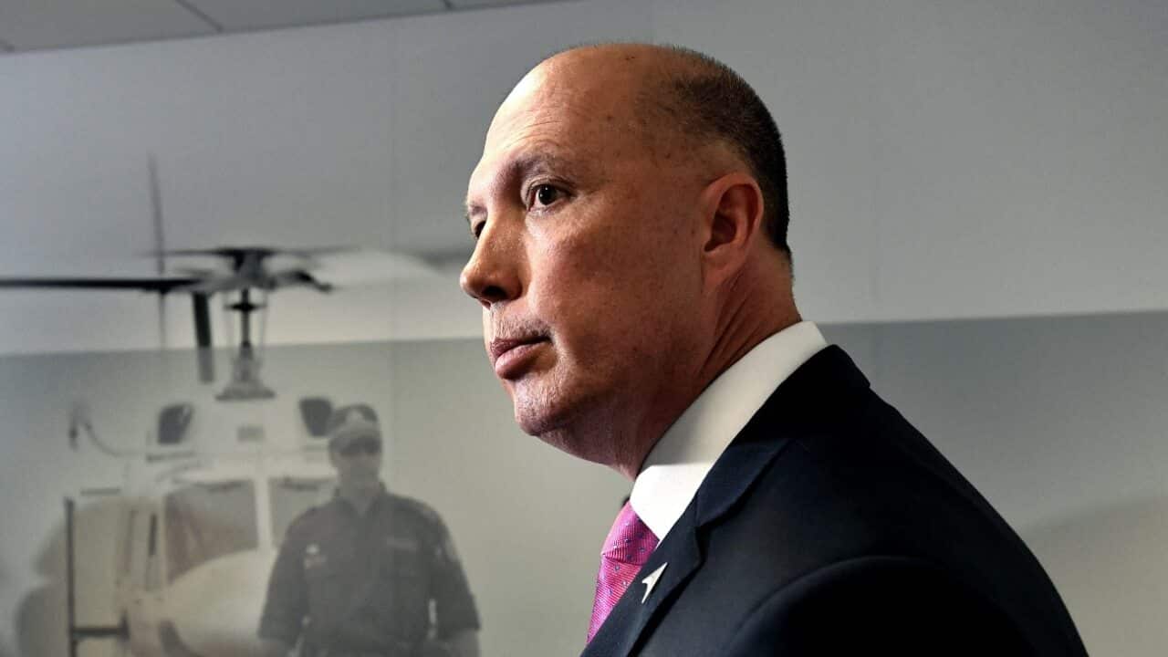 Federal Minister for Home Affairs Peter Dutton is seen during a press conference following the opening of the Australian Centre to Counter Child Exploitation