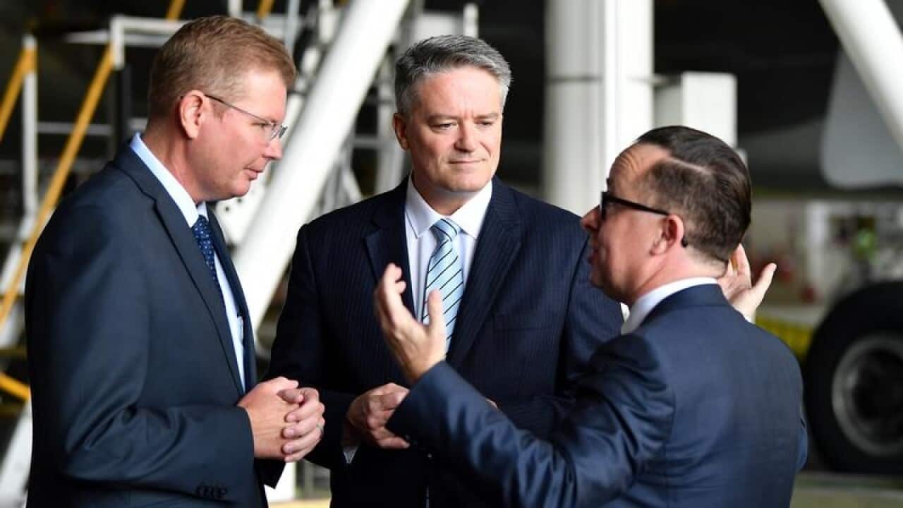 Craig Laundy, Mathias Cormann and Qantas CEO Alan Joyce
