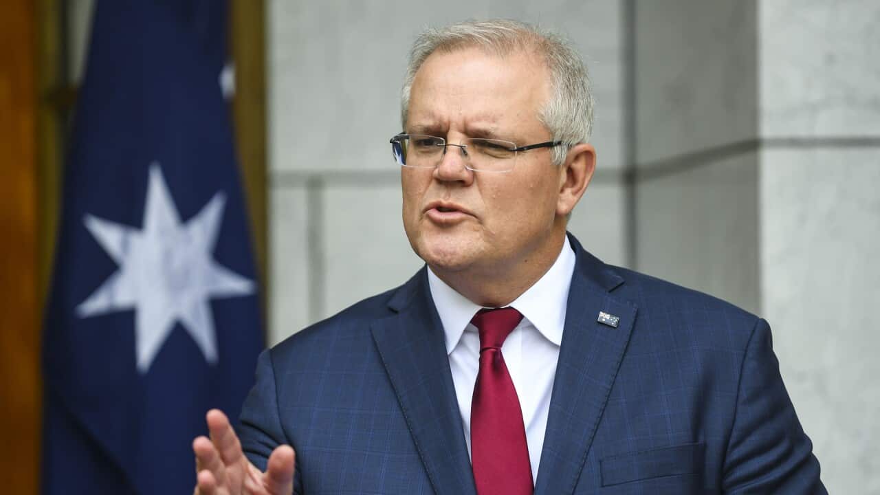 Australian Prime Minister Scott Morrison speaks to the media during a press conference at Parliament House in Canberra, Friday, August 14, 2020. (AAP Image/Lukas Coch) NO ARCHIVING
