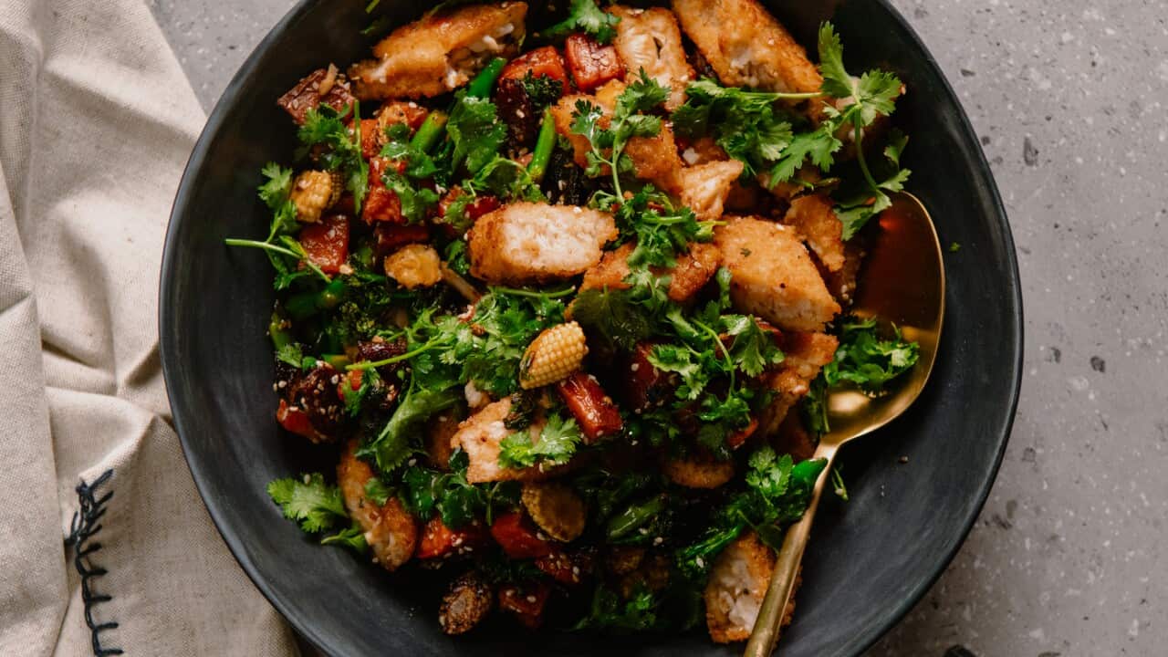 Fish finger and lap cheong stir-fry