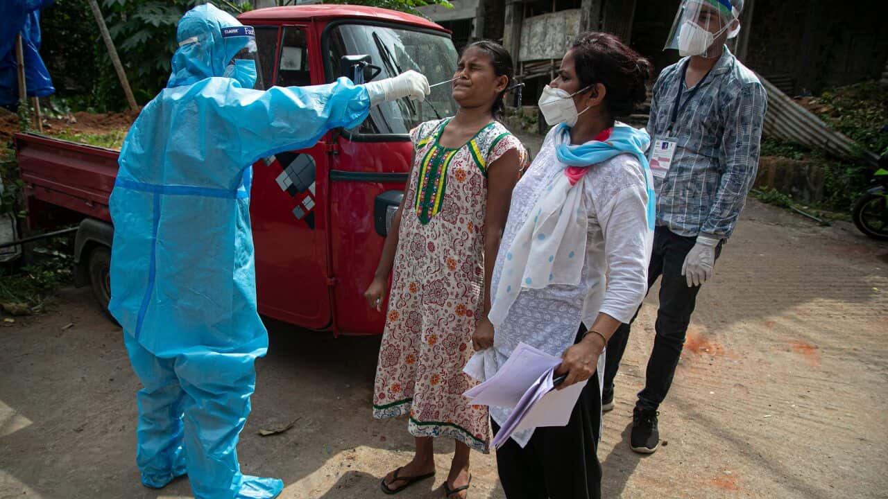 An Indian health worker takes a nasal swab sample to test for COVID-19 during a door to door test drive in Gauhati, India.