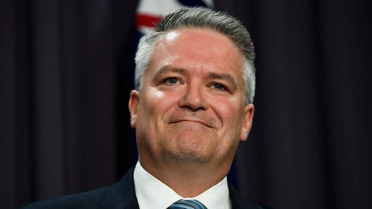 Finance Minister Mathias Cormann speaks at a press conference in Canberra.