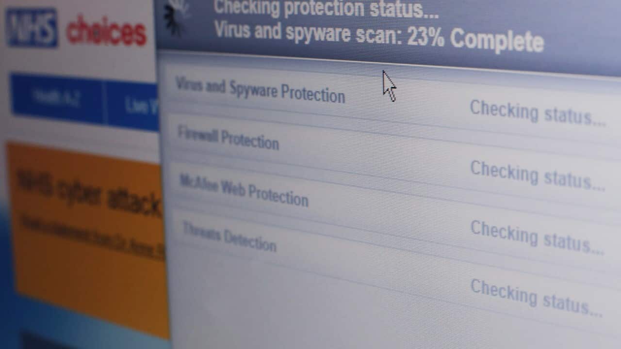 Security software performing an anti-virus scan on a laptop after the NHS was hit by a major cyberattack.