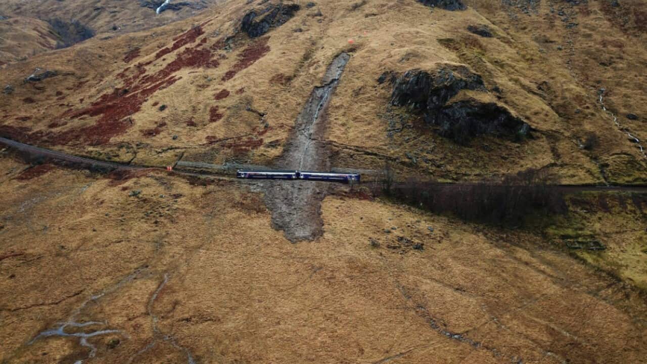 A train stopped at Glenfinnan after a landslip.