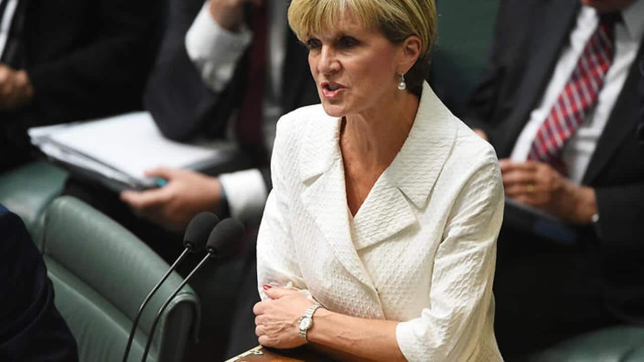Julie Bishop has arrived in Beijing to discuss access to reclaimed islands in the South China Sea.
