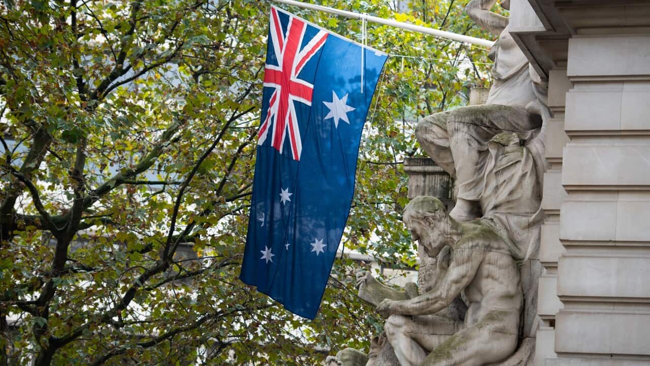An Australian flag seen in front of Australia House in London (AAP)