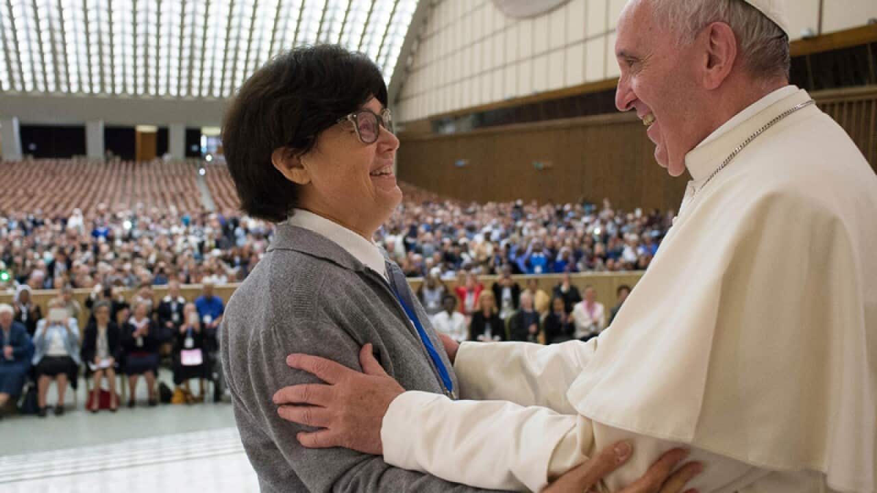 Pope Francis hugs Sister Carmen Sammut