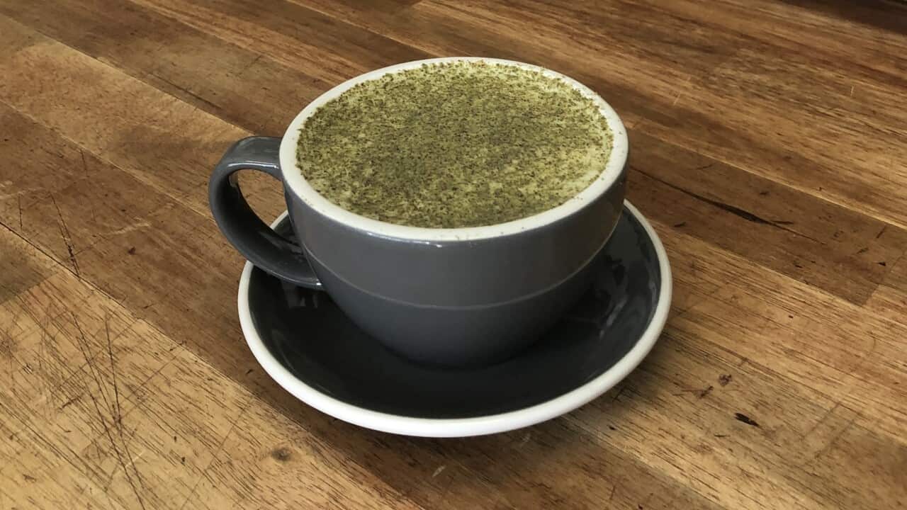 A very green looking broccoli sprout latte, made by Loading Dock Coffee in Brisbane.