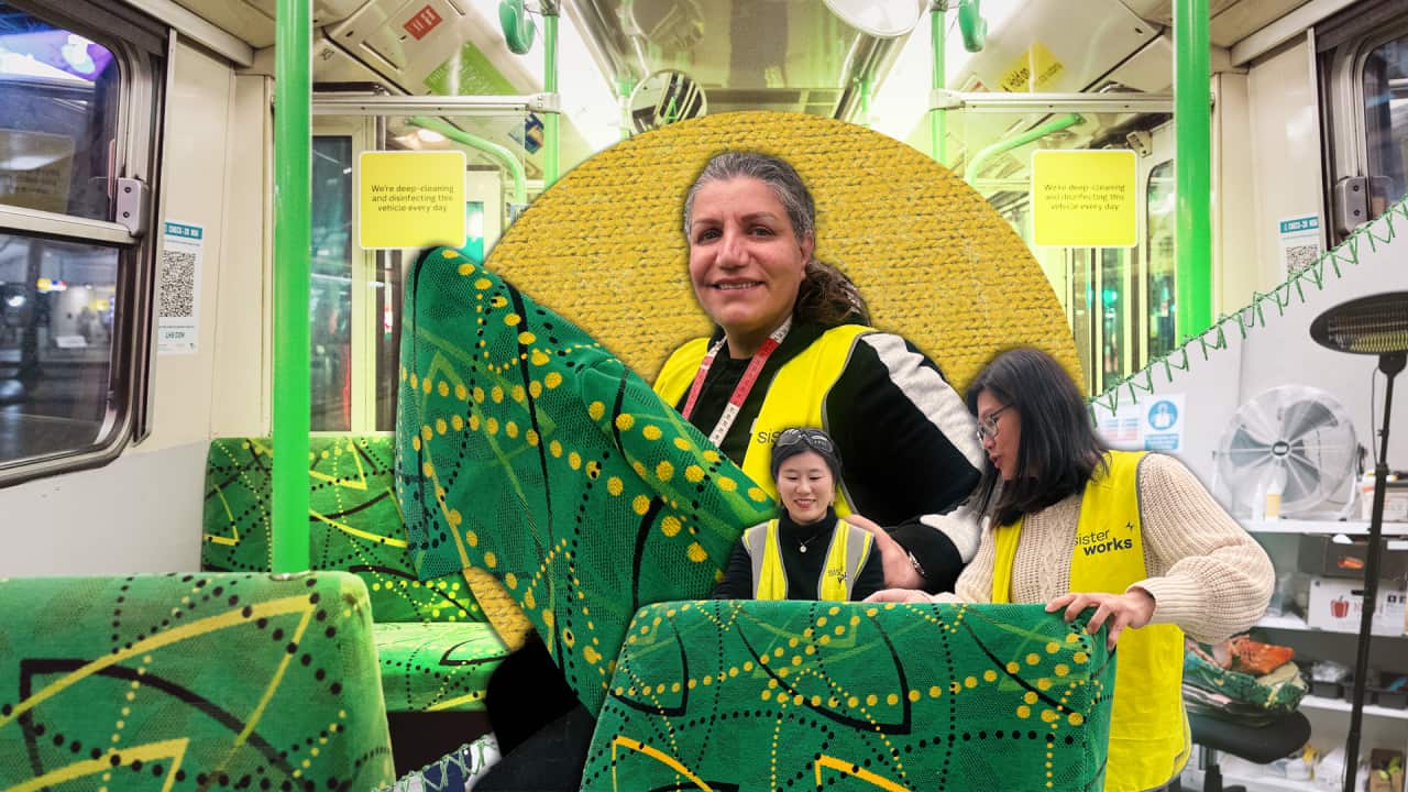 A stylised image of a tram interior featuring green and yellow seats, with three women wearing yellow hi vis jackets positioned at the centre.