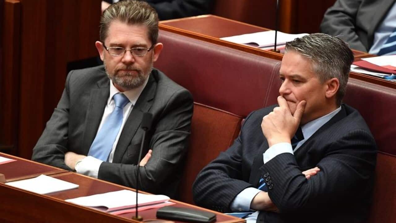 cott Ryan and Minister for Finance Mathias Cormann during a division