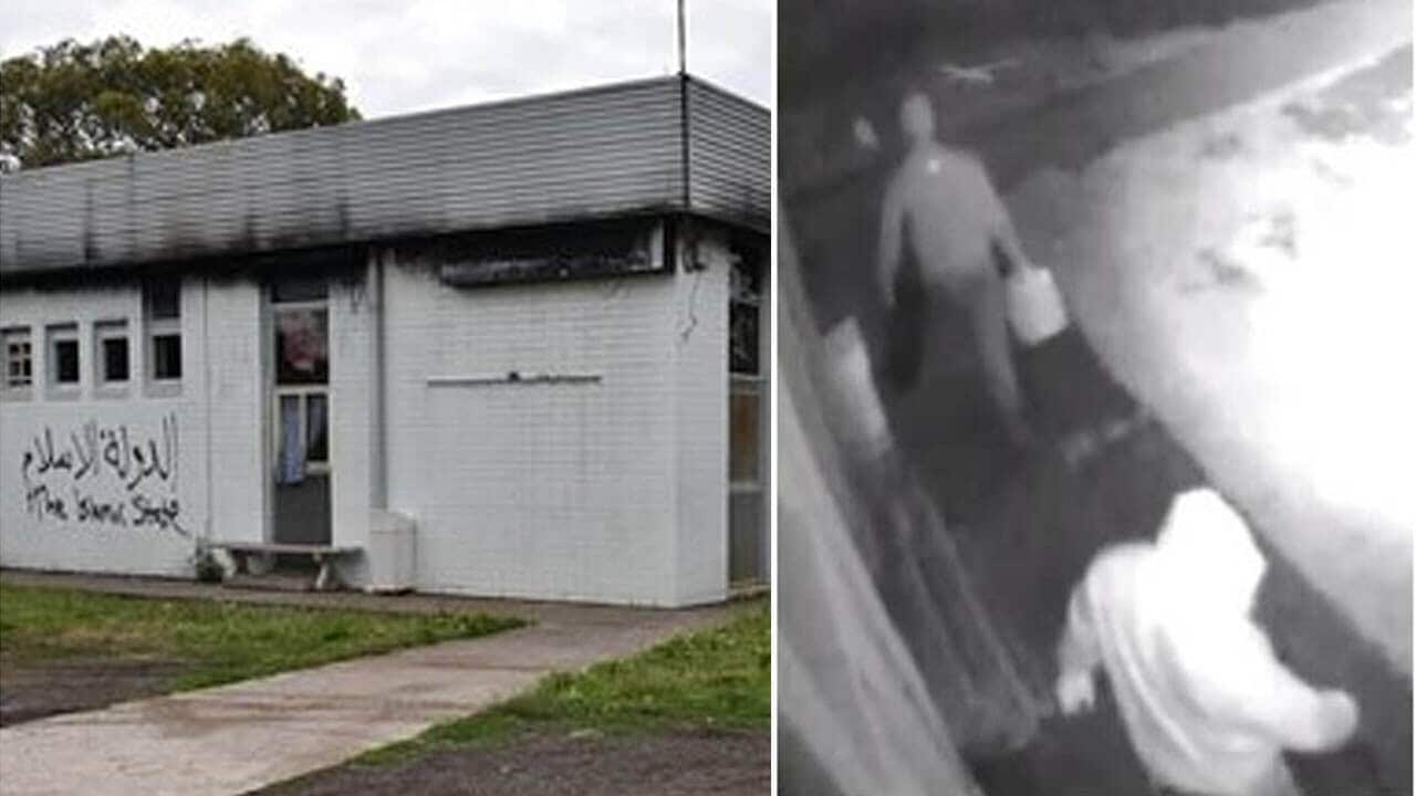 The aftermath of the arson attempt on the Imam Ali Islamic Centre, in Melbourne. And (right) CCTV showing men carrying out the attack.