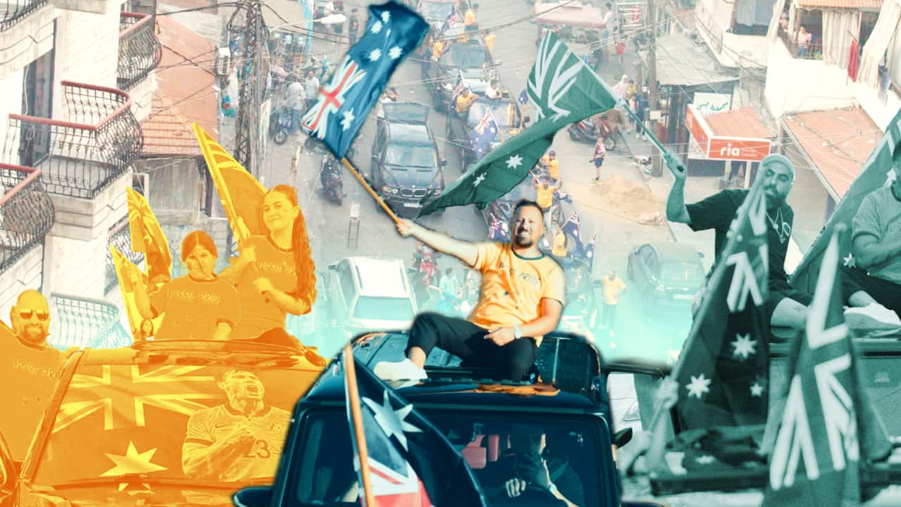 A digital collage image portrays enthusiastic sports fans waving Australian flags from vehicles during a street parade.