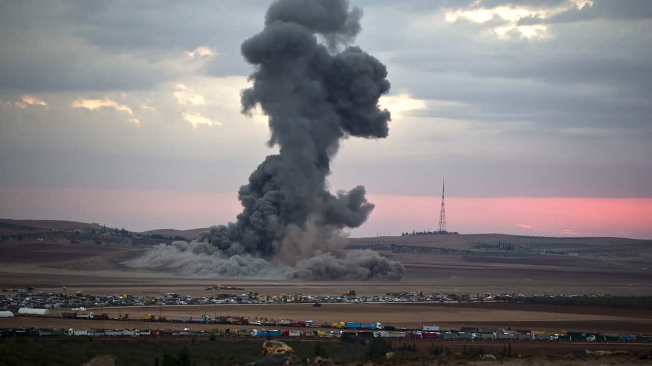 Smoke from an airstrike by the US-led coalition rises outside Kobani, Syria, as seen from a hilltop on the outskirts of Suruc, at the Turkey-Syria border (AAP)