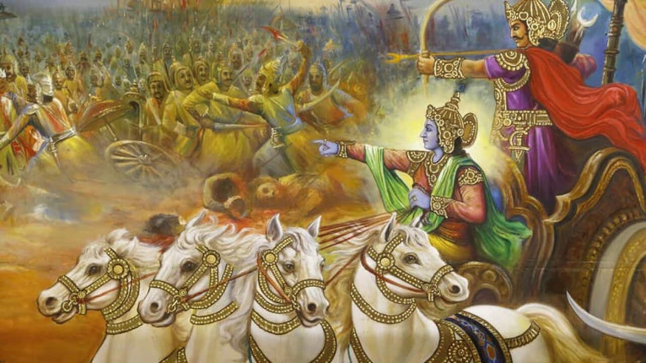 Krishna the charioteer guiding Arjuna in the battlefield of Kurukshetra.