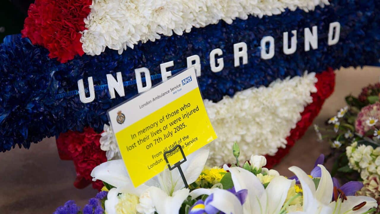 London, UK. Tuesday 7th July 2015. 10th anniversary of the London 7/7 bombings. Flowers are laid in memory of the victims of the terrorist attack in London.