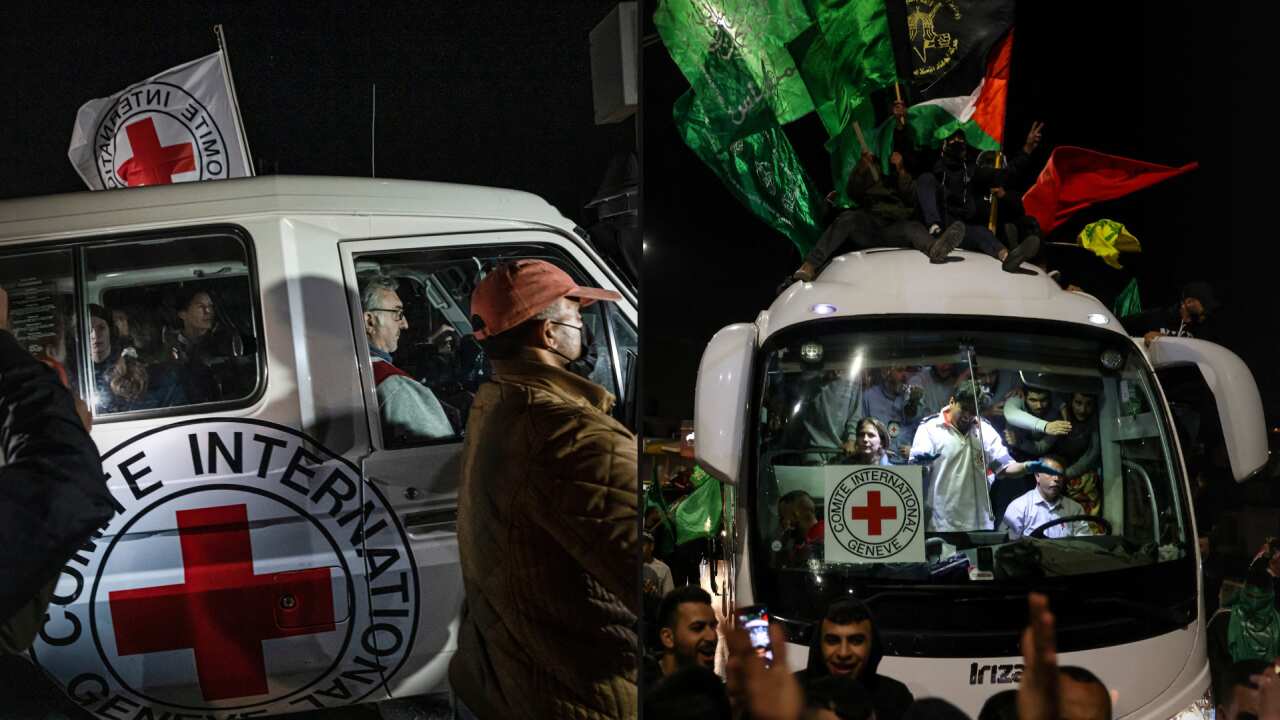 A split image. On the left is a Red Cross vehicle carrying Israeli hostages. On the right is a picture of bus carrying Palestinian prisoners released from Israeli jails.