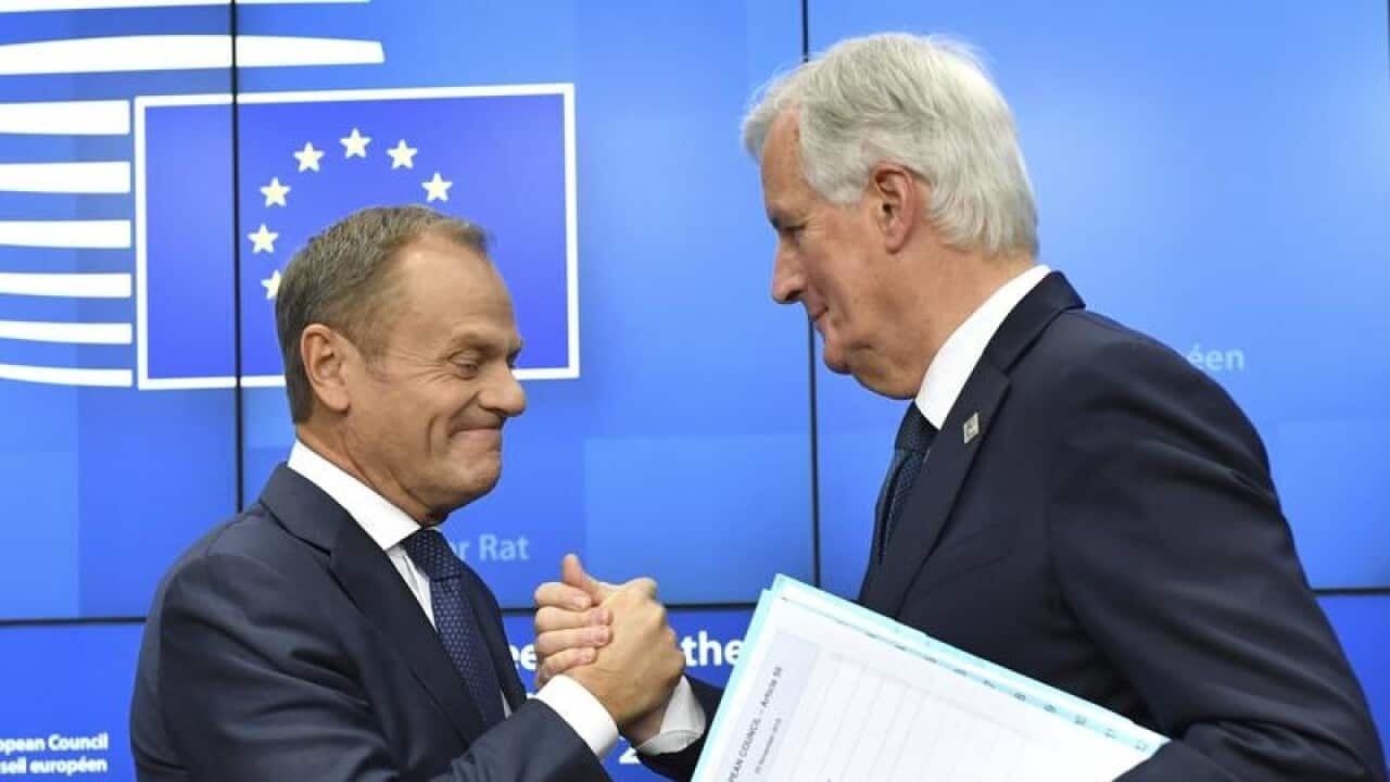 EU leaders Donald Tusk and Michel Barnier.