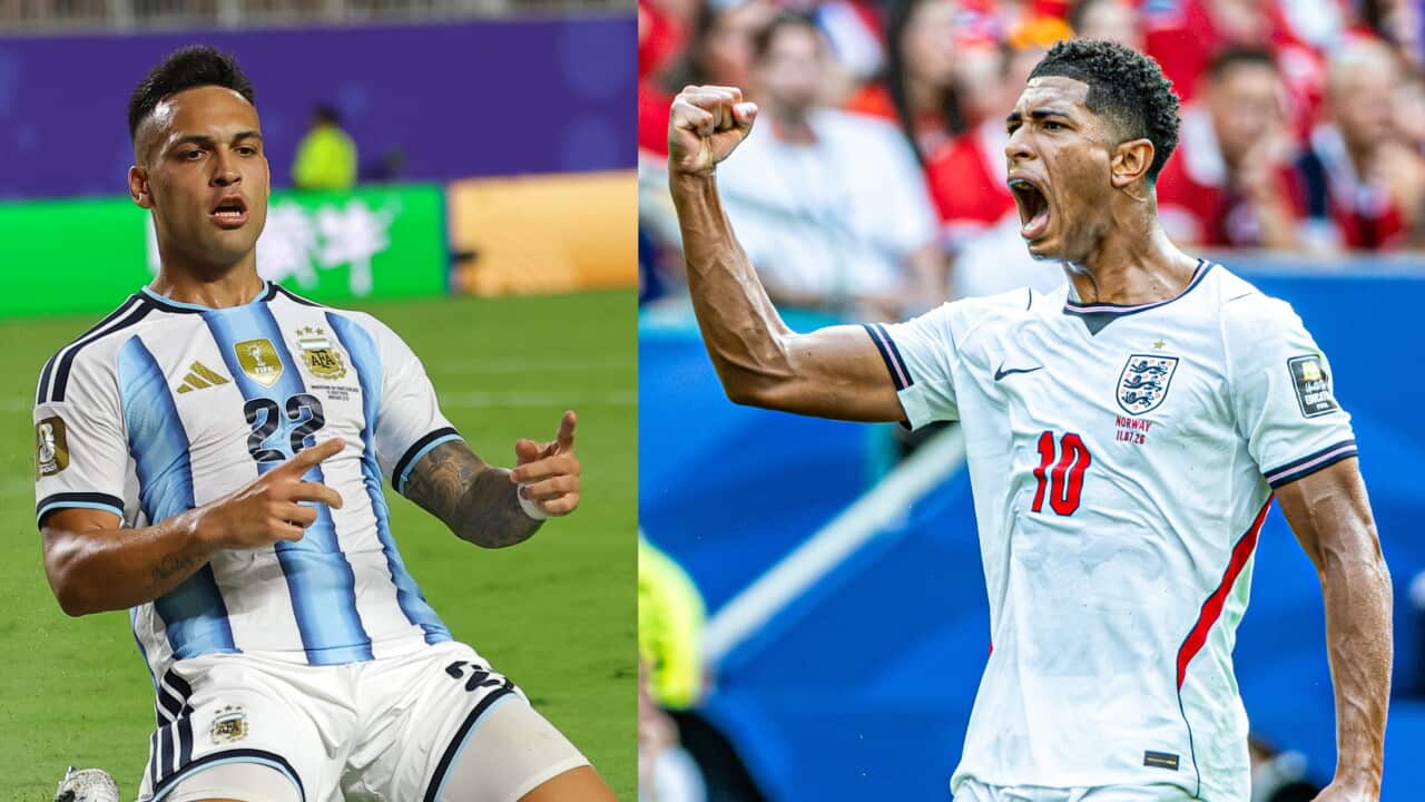 Argentina's Lautaro Martinez (L) and England's Jude Bellingham