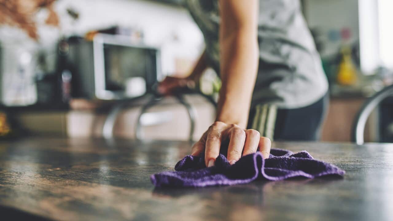 Woman cleaning, woman wiping down kitchen bench