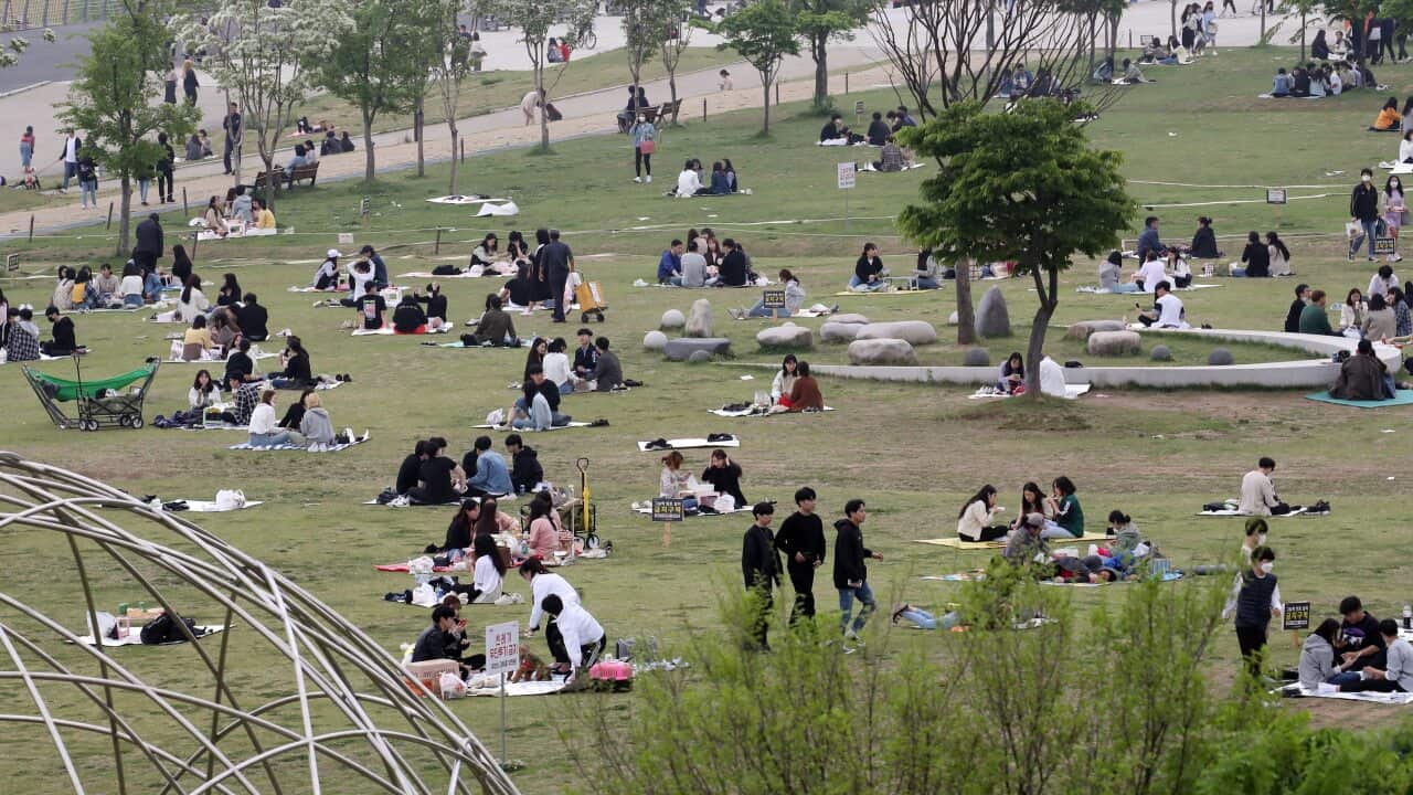 Citizens enjoy picnics at Yeouido Hangang Park in Seoul, South Korea.
