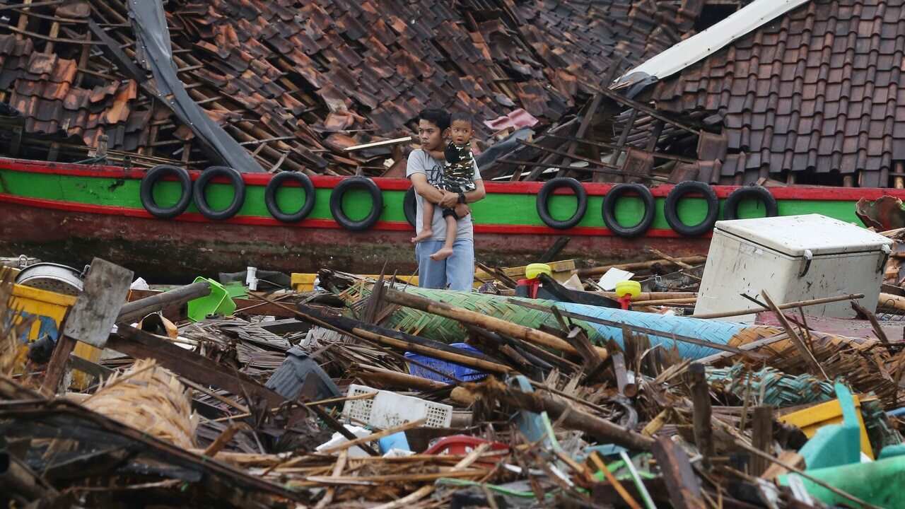 A man holding a child looks the damage at a tsunami-ravaged village in Sumur, Indonesia.