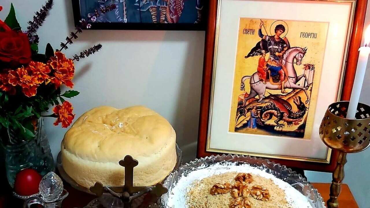St George icon and traditional Macedonian food for 'slava'