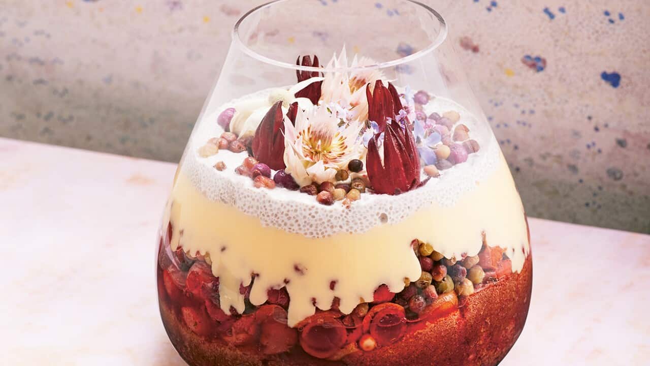 Strawberry gum, cherry and riberry tapioca trifle